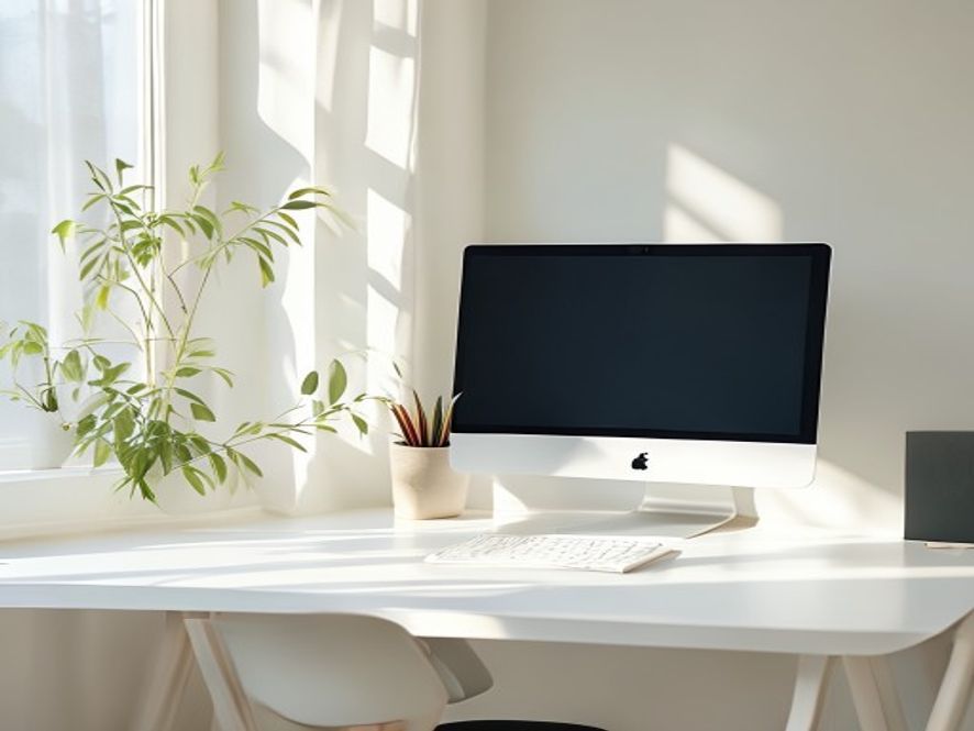 Georganiseerde werkplek met ergonomische opstelling bij daglicht