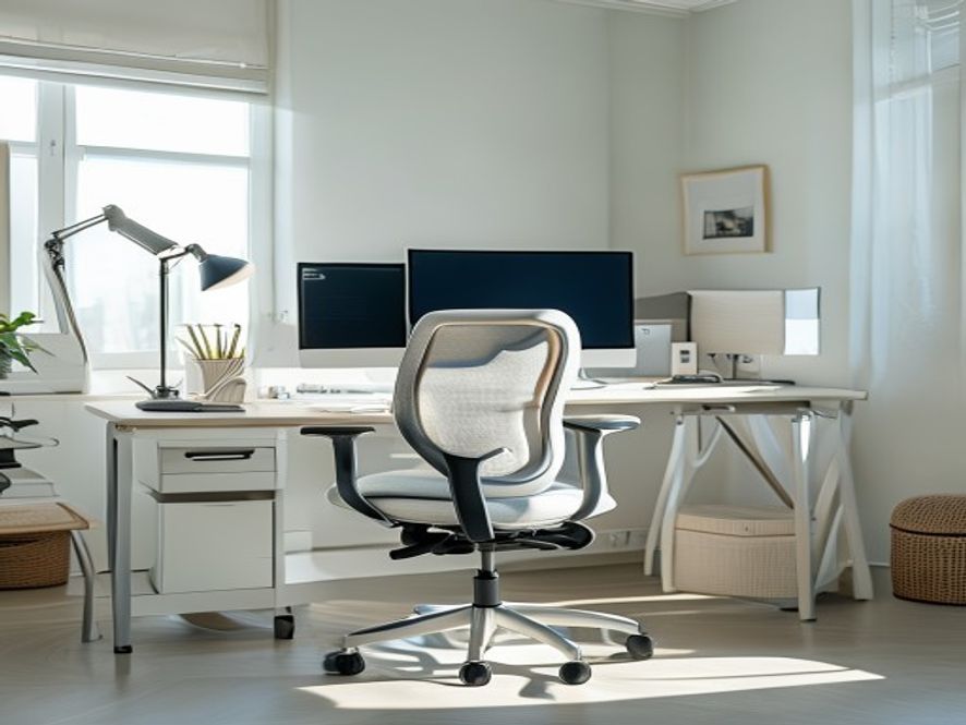 Werkplek met goed ingestelde monitor en ergonomische stoel in helder kantoor